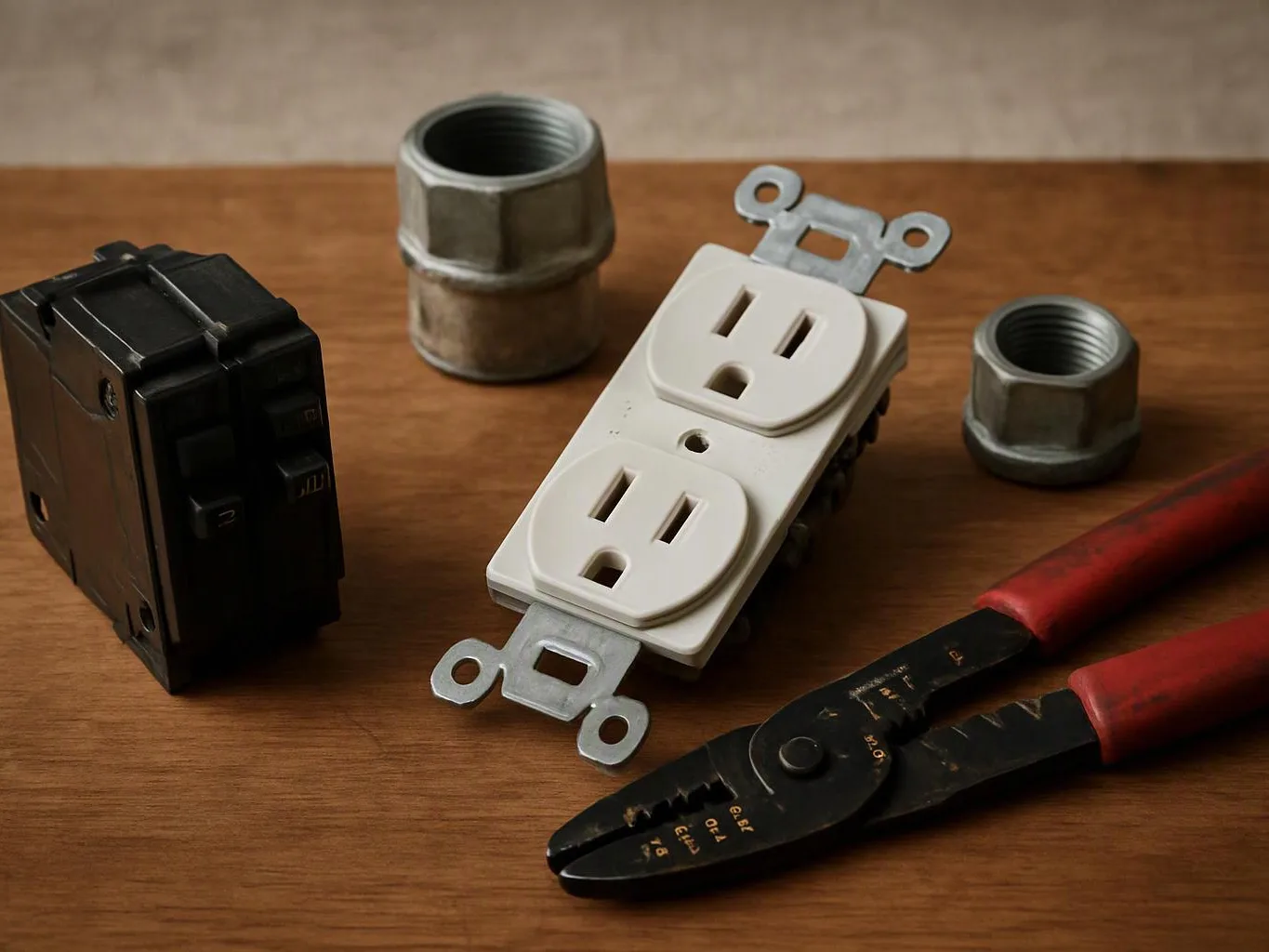 Electrical parts and wire cutters rest on a wooden surface, with a white outlet in the center