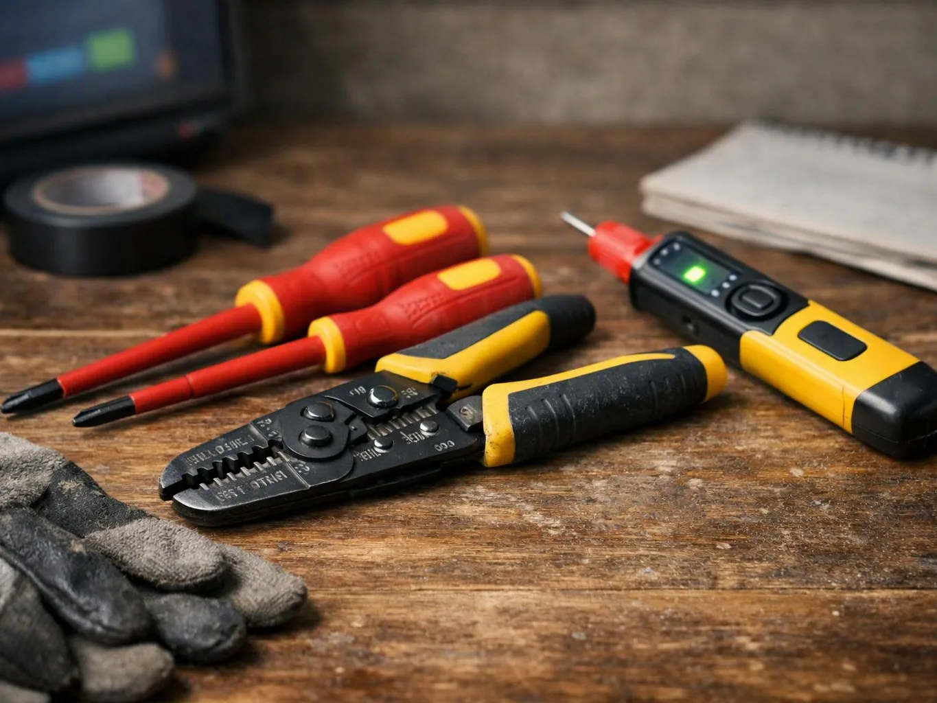 Electrical tools and gloves rest on a worn wooden workbench beside a notebook