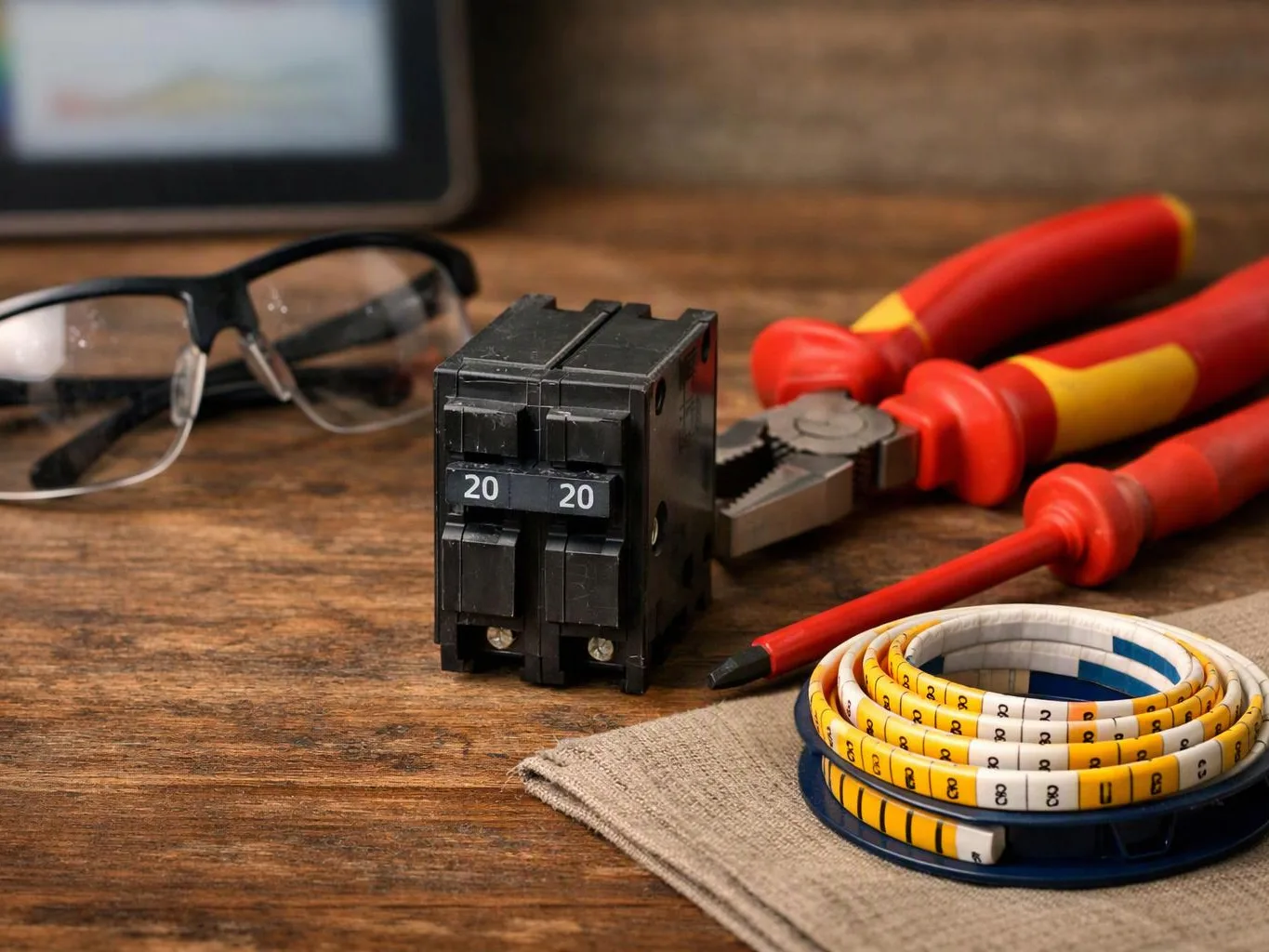Electrical tools and supplies sit on a wooden table, including pliers, a breaker, glasses, a screwdriver, and wire labels