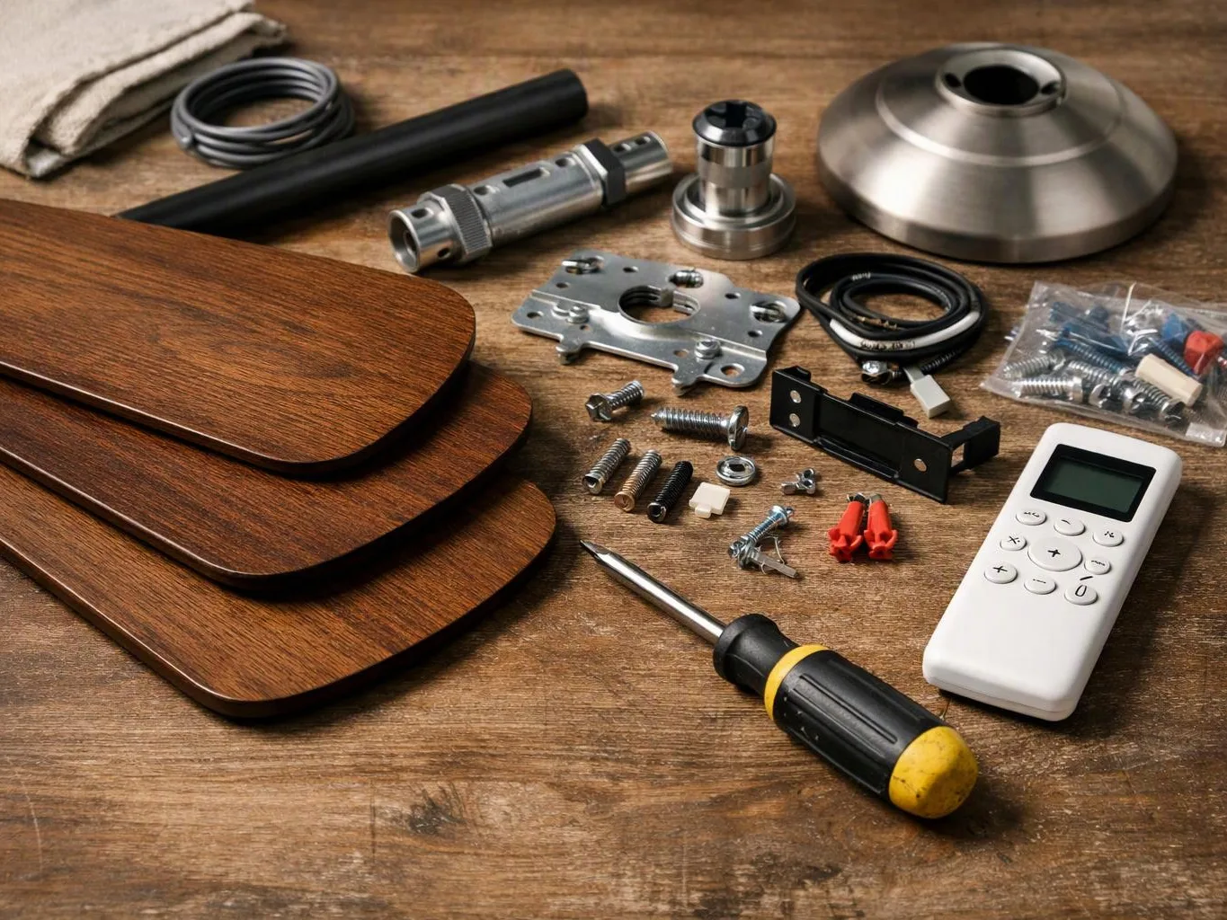 Fan assembly parts, screws, wires, a remote, and a screwdriver are laid out on a wooden table