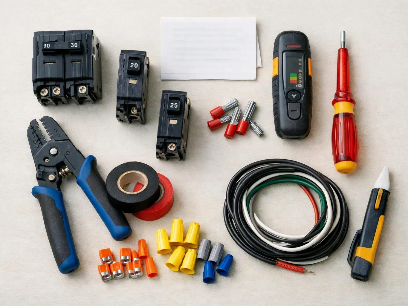 A flat lay of electrical tools and supplies sits on a light tabletop, including wire strippers, breakers, tape, cables