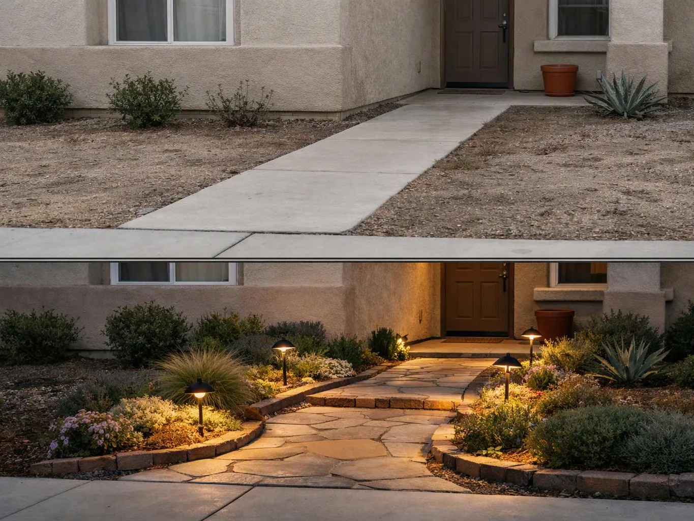 A front yard path changes from plain concrete to a lit stone walkway beside desert plants at dusk