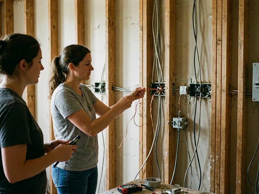 Two women work on exposed electrical wiring inside an unfinished room with open wall studs