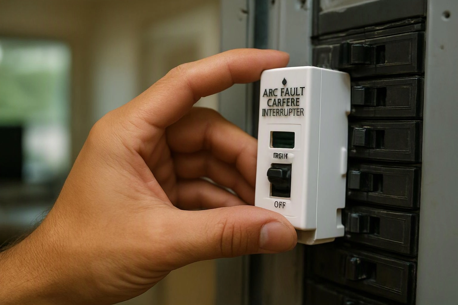 A hand adjusts a white breaker device on an electrical panel inside a home