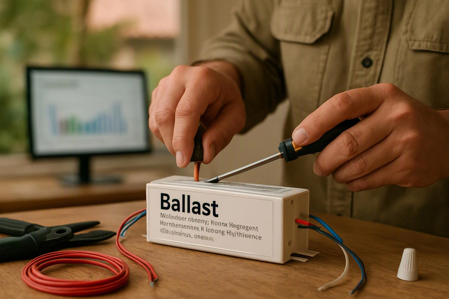 A person uses screwdrivers to wire a white ballast box on a wooden table, with a blurred monitor in back
