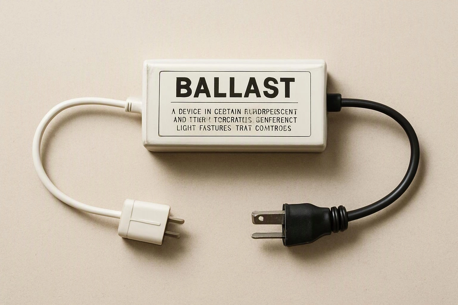 A white electrical ballast box sits on a beige surface with white and black power cords attached