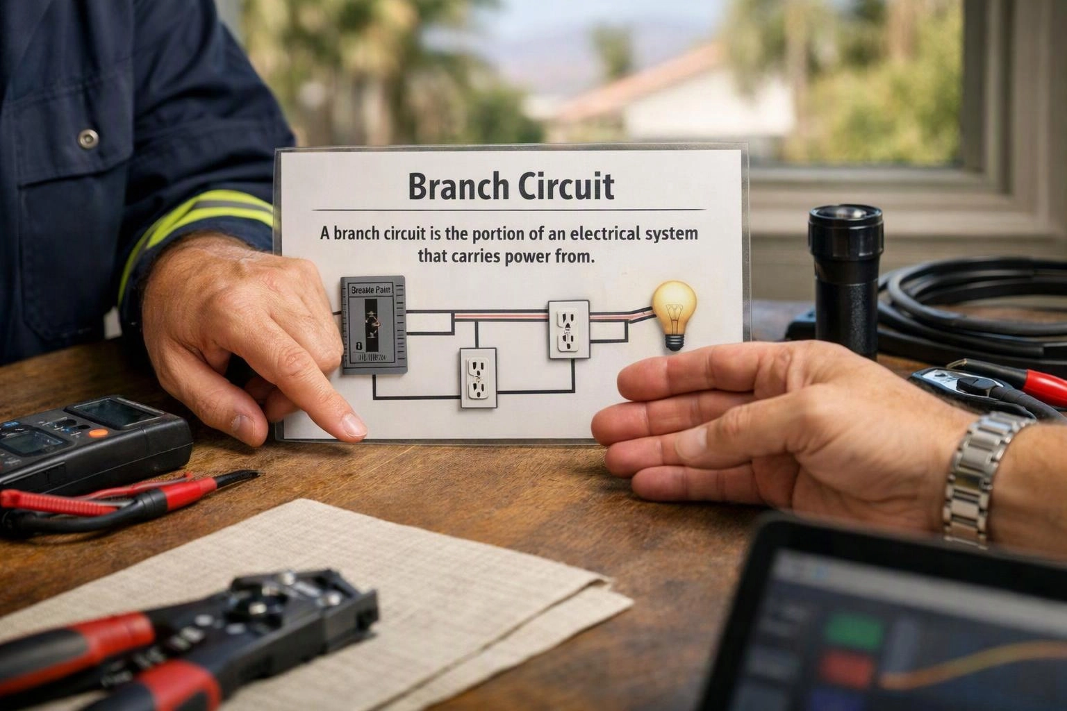 Two hands point at a branch circuit diagram on a table with electrical tools and wires nearby