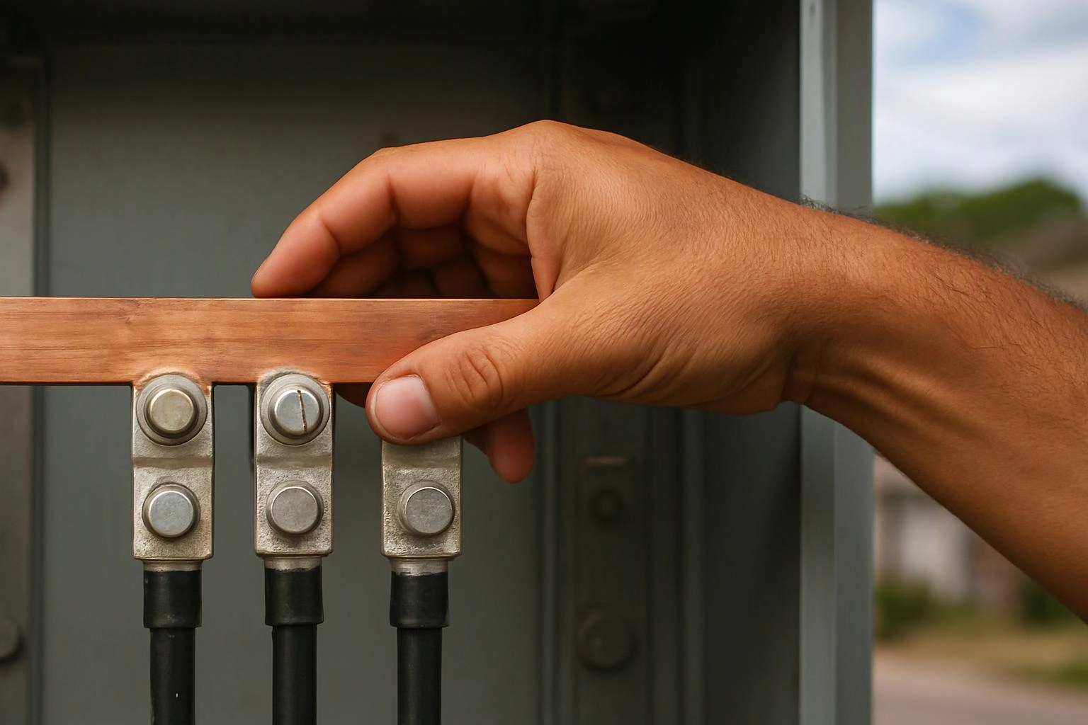 A hand rests on a copper bar above three metal cable connectors outdoors