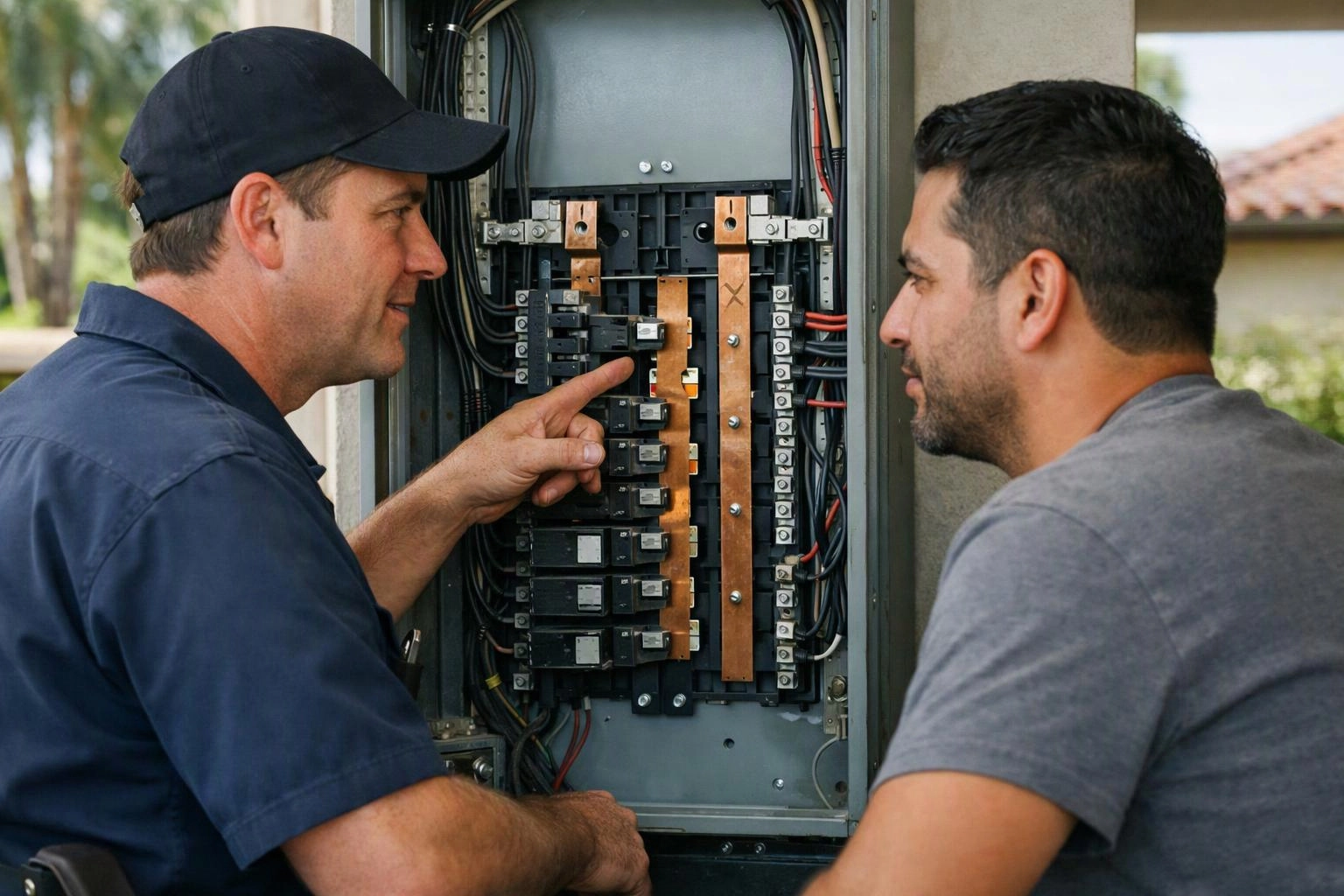 Two men inspect an open electrical breaker panel outdoors, with one pointing at the wiring and breakers