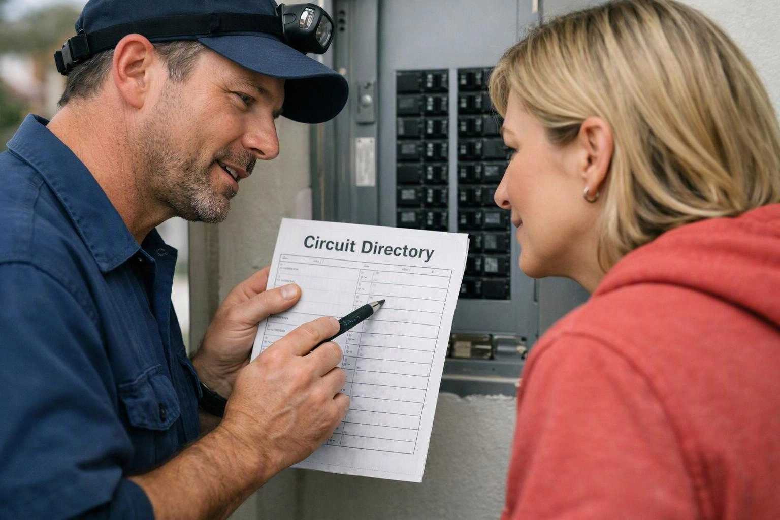 A man in a navy cap points at a circuit directory while talking to a woman beside an open electrical panel
