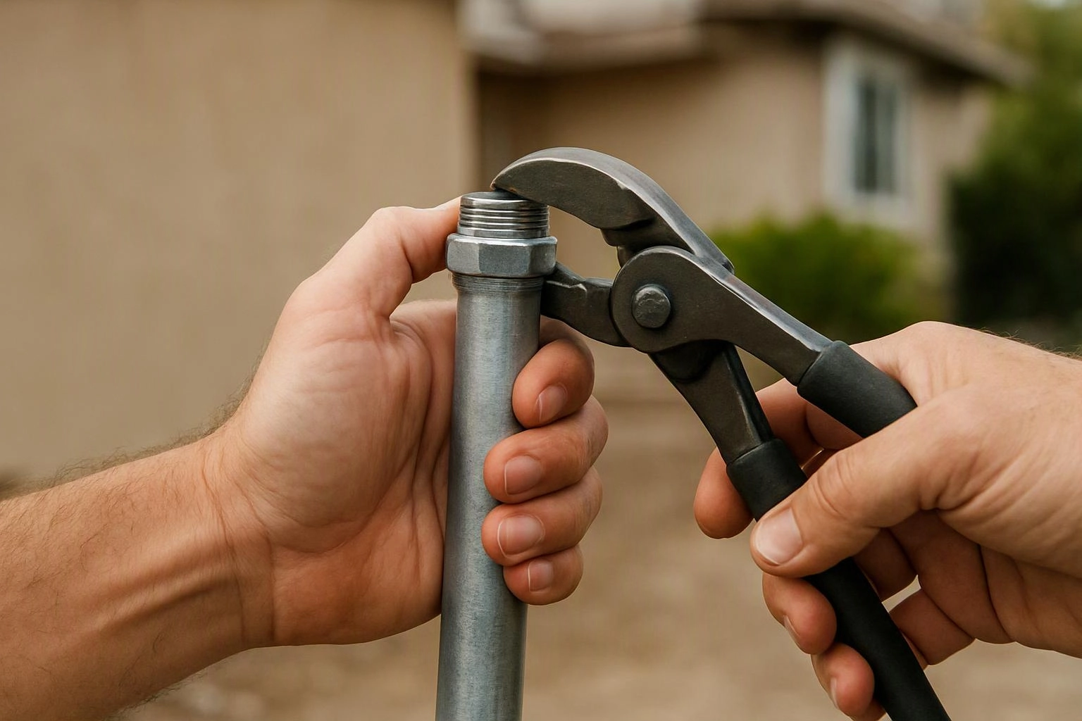 Two hands hold a metal pipe while pliers tighten a threaded fitting outdoors