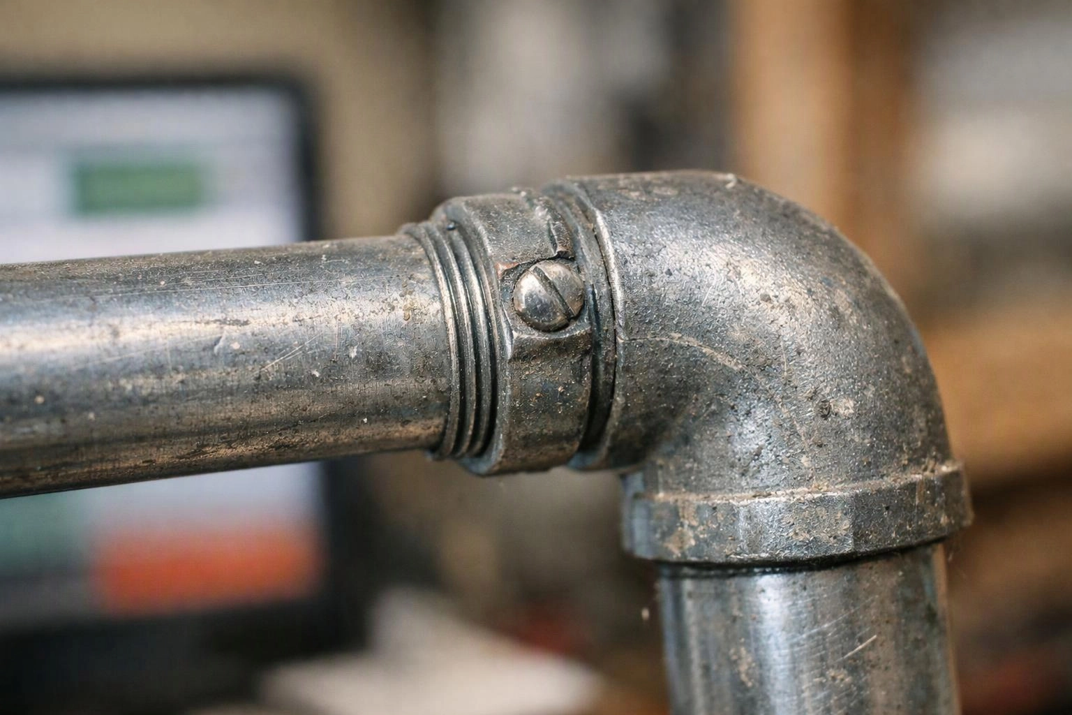 Close-up of a worn metal pipe elbow with a screw fitting in a workshop setting