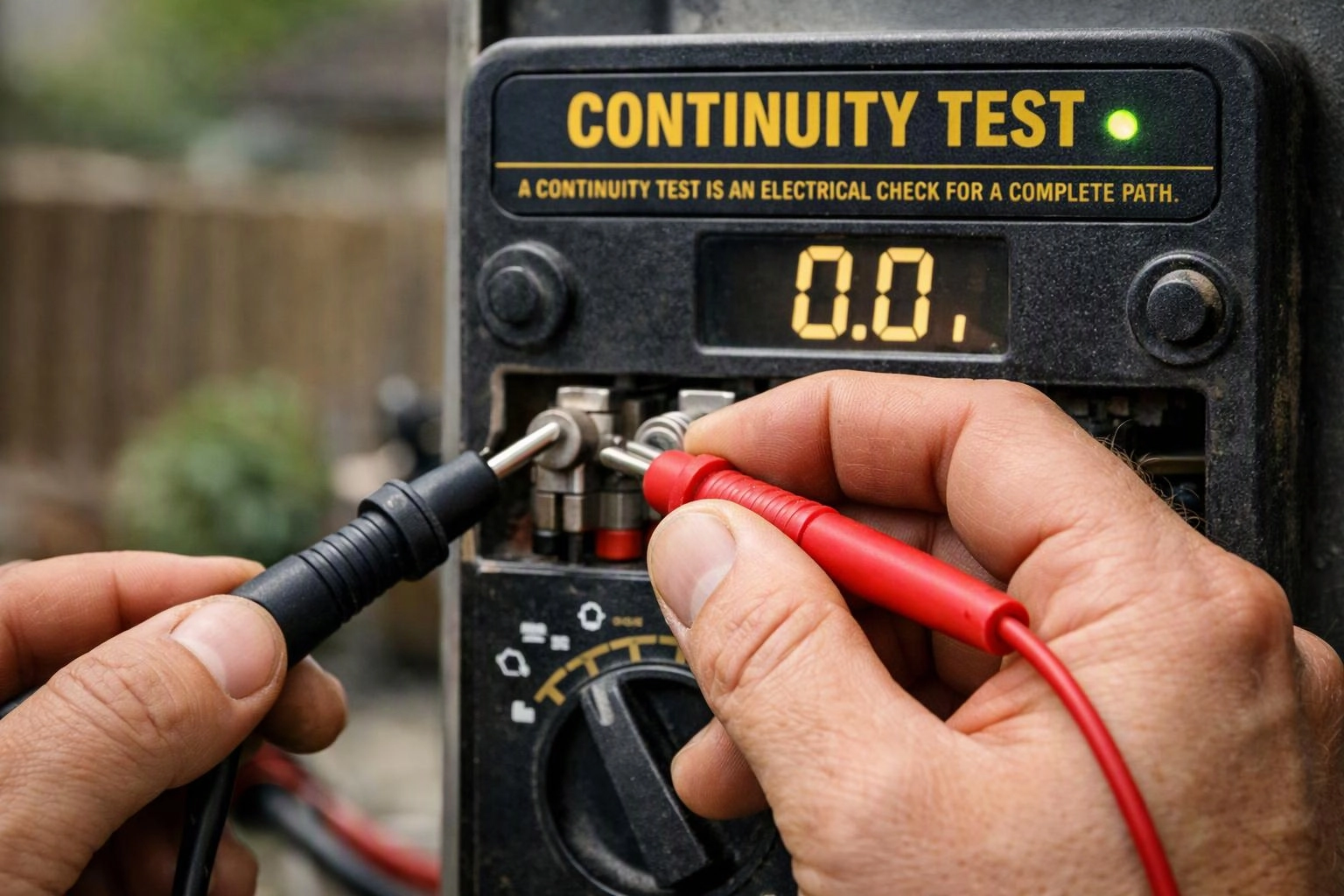 Hands connect test probes to an electrical continuity tester displaying 0.0 in a workshop setting