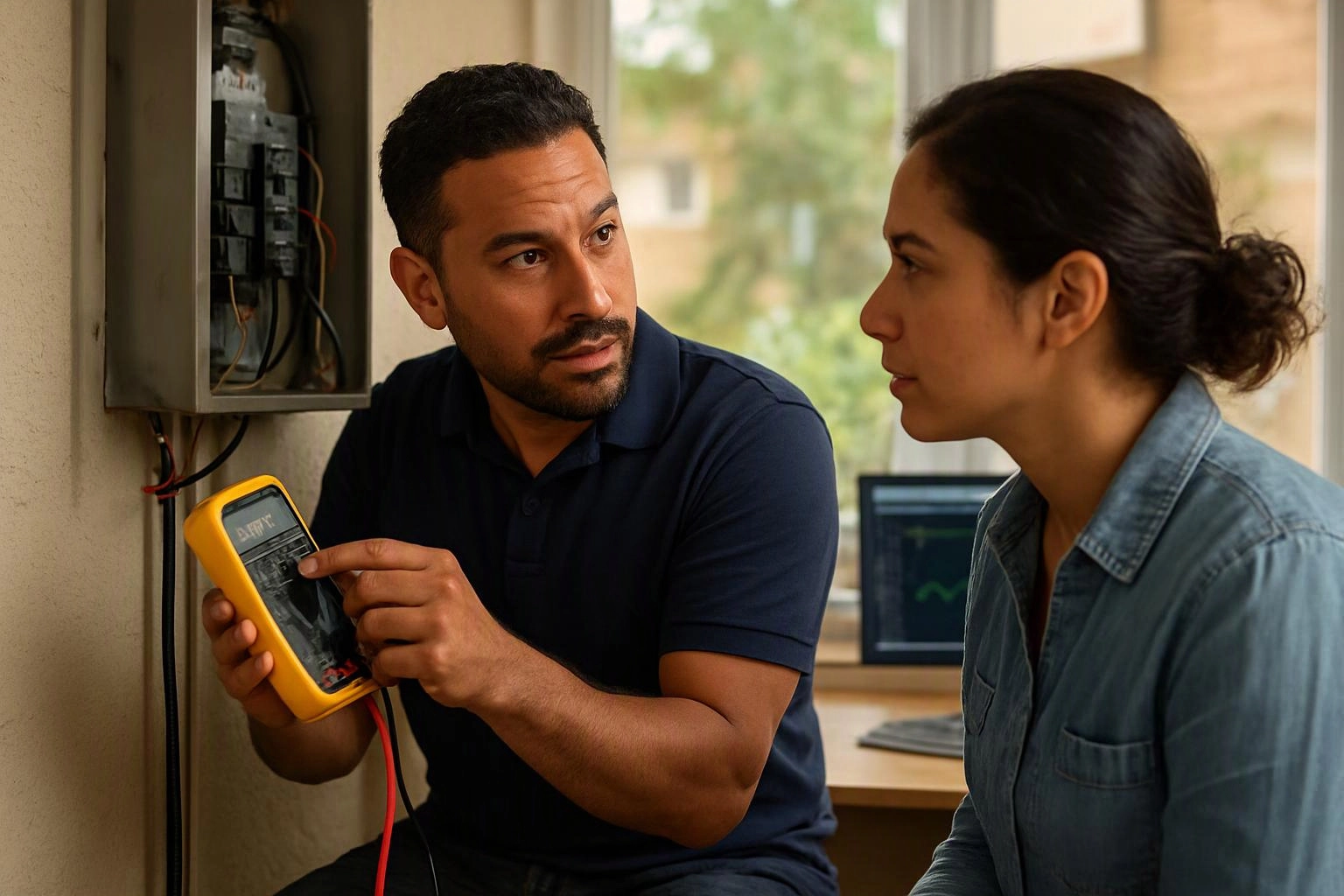A man tests an open electrical panel with a yellow meter while a woman watches nearby in a home office