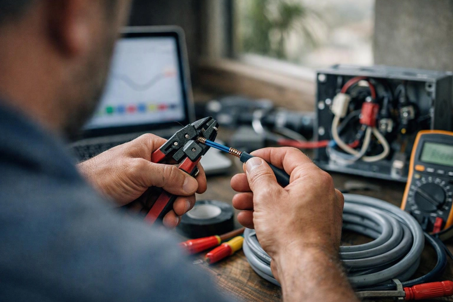A person crimps a blue wire with pliers at a cluttered workbench beside a laptop and multimeter