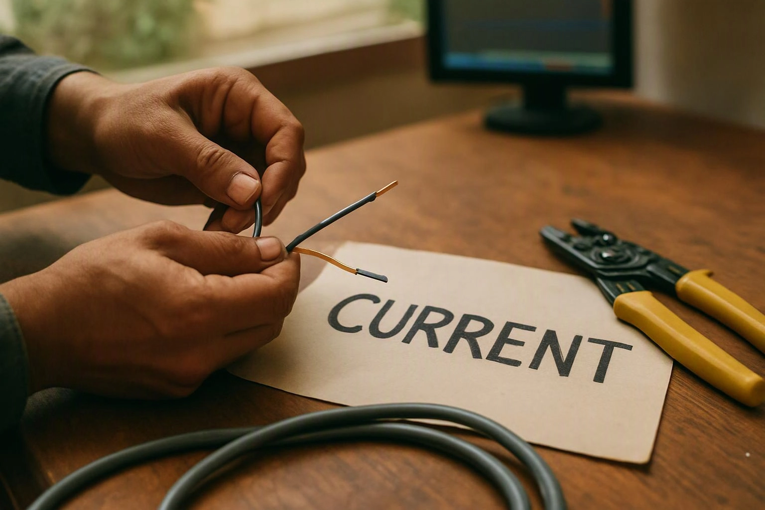 Hands strip a cable beside the word “CURRENT” on a worktable with wire strippers and a monitor