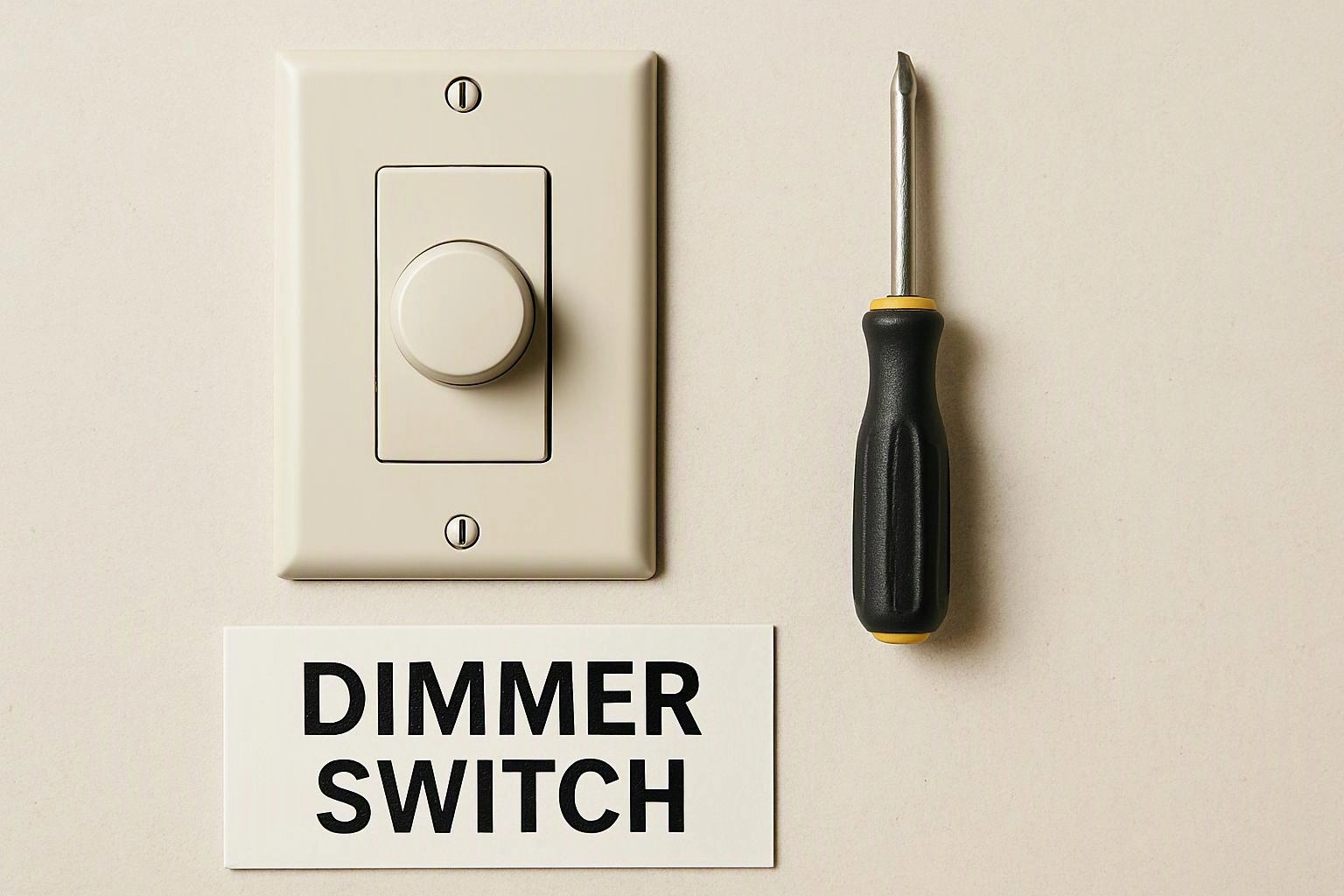 A beige dimmer switch sits beside a screwdriver, with a label reading dimmer switch below