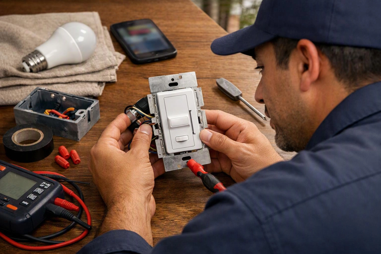 A technician checks a wall dimmer switch on a wooden table with tools and wiring nearby