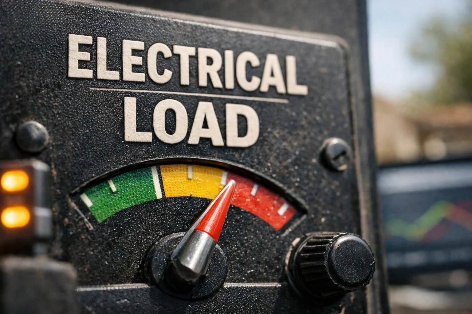 Close-up of an electrical load meter with a red needle pointing near the yellow-red zone on a black panel