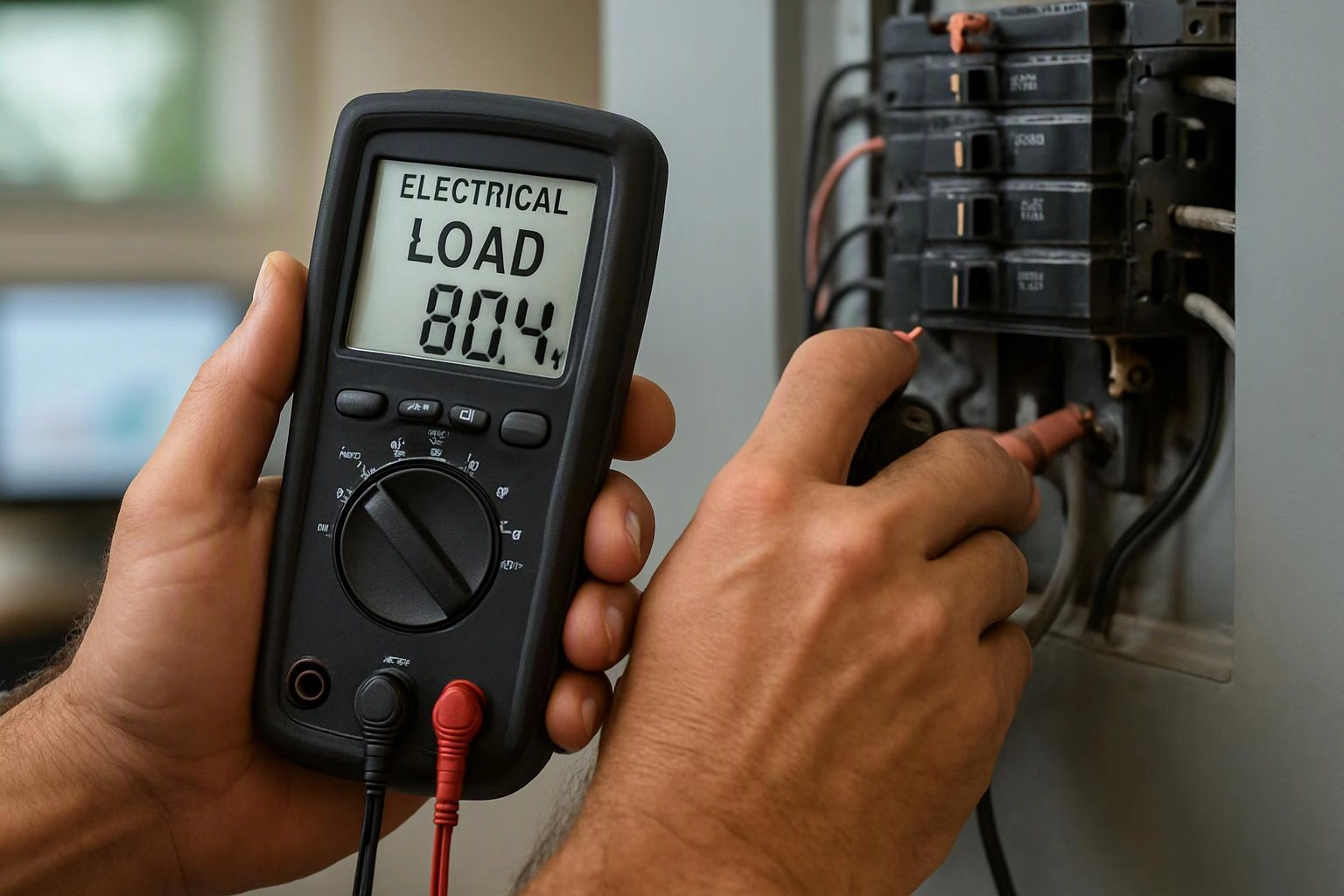 Hands test electrical wiring with a load meter near a breaker panel