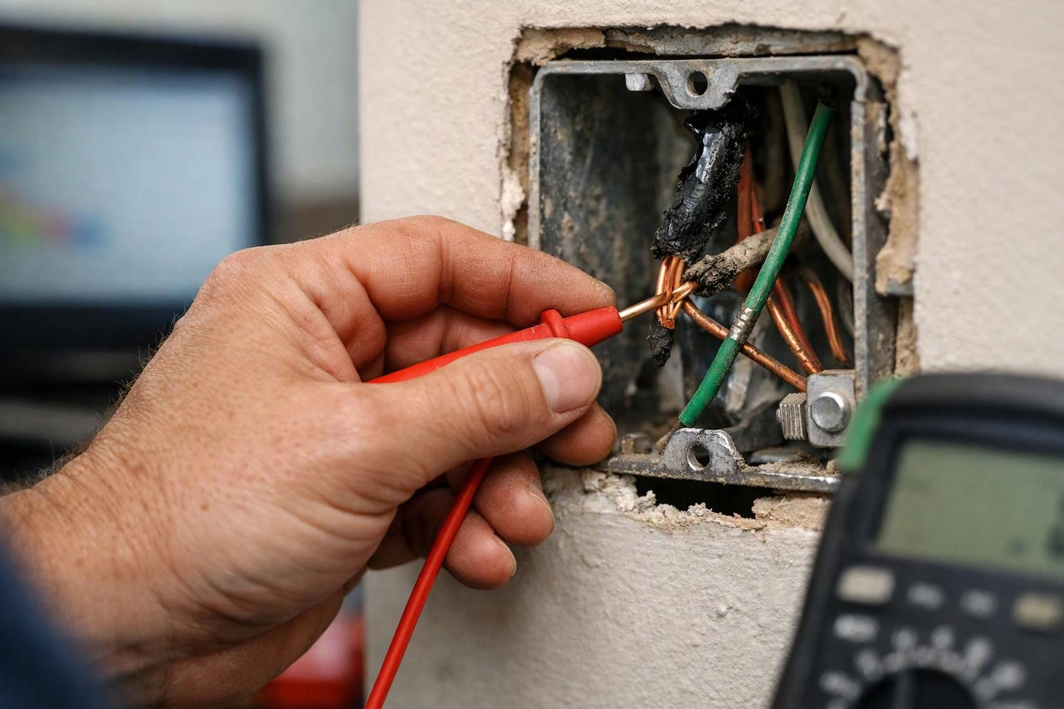 A hand uses a red probe on exposed electrical wires inside a wall outlet box