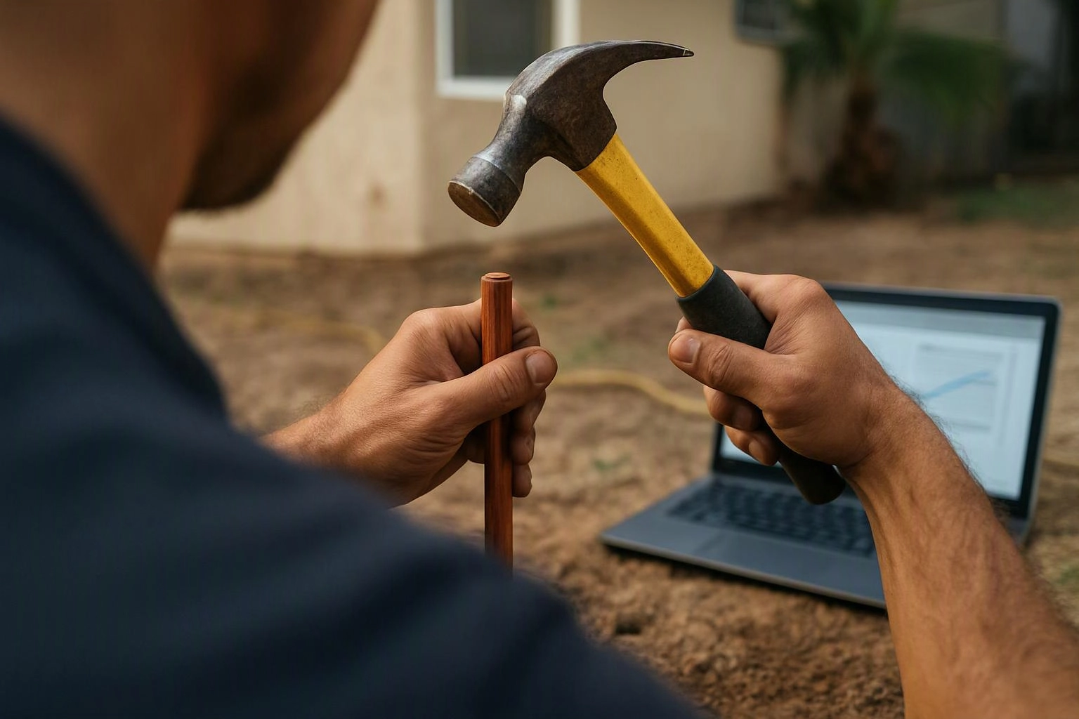 A person holds a hammer and copper pipe beside an open laptop outdoors