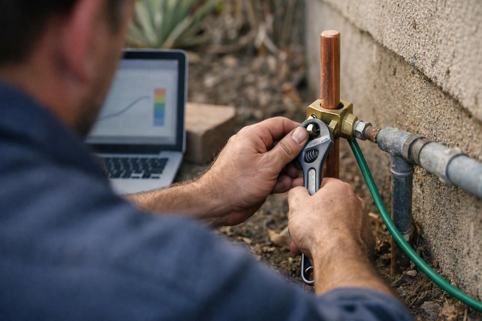 A person tightens a valve with a wrench beside a laptop and exposed pipes outdoors