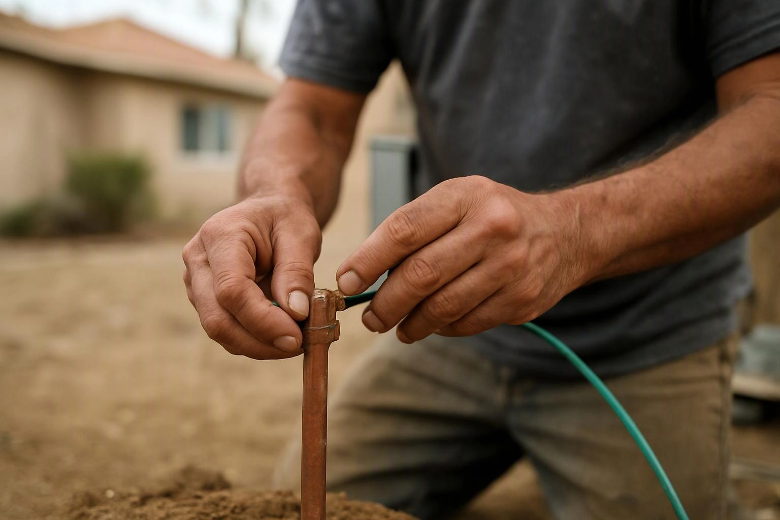 A man kneels outdoors and connects a green hose to a metal pipe near a house