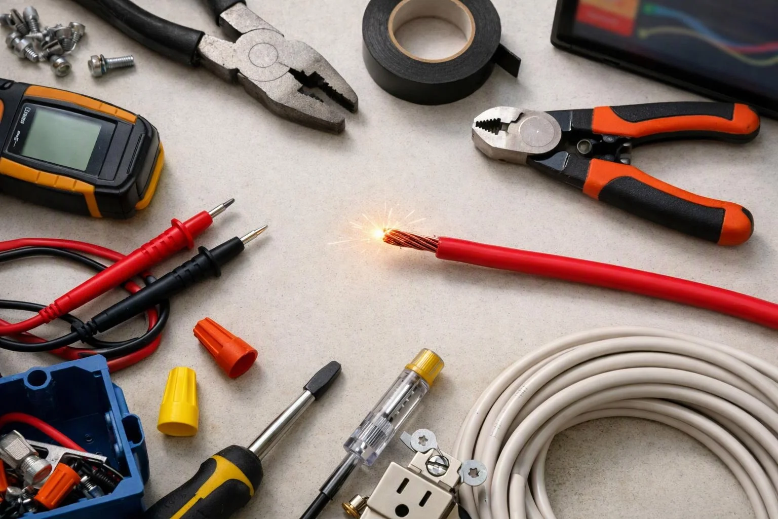 A workbench holds pliers, test leads, wire, tape, and a burning wire tip amid scattered electrical tools