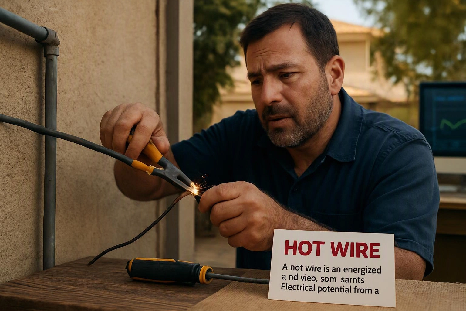 A man uses pliers to cut a sparking wire beside a warning card on a table