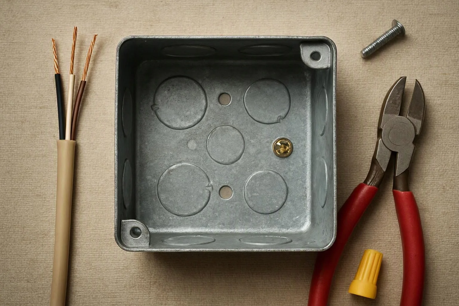 An electrical junction box sits open with cut wires, a screw, wire cutters, and a wire cap on a beige surface