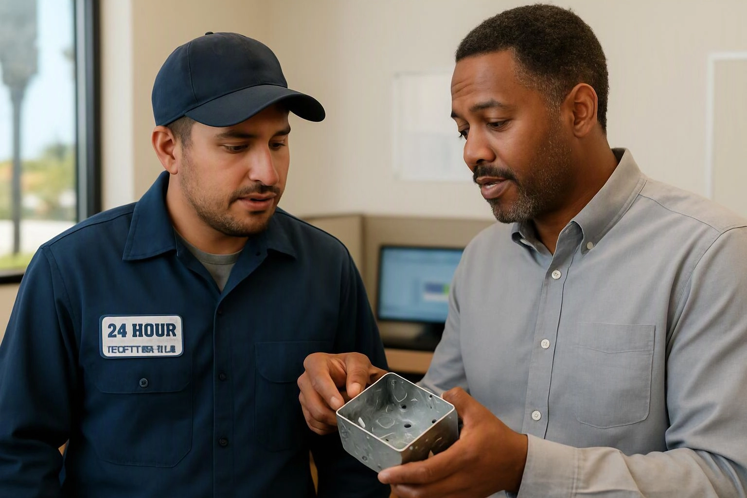 Two men inspect a metal electrical box in a bright office while one points at it