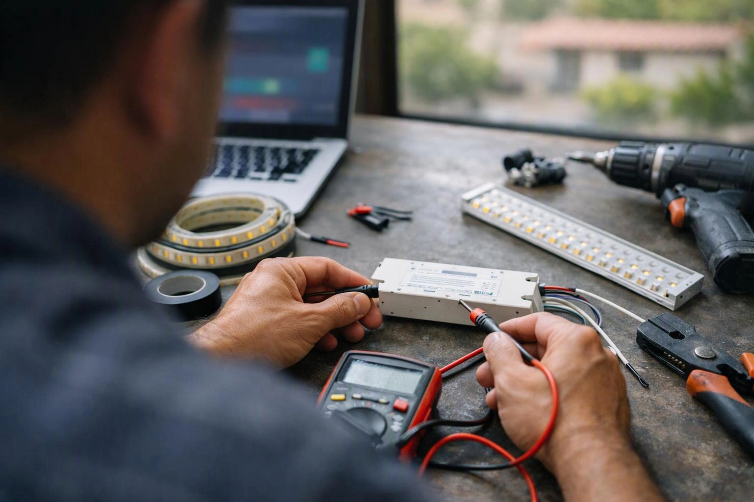 A person tests an LED driver with a multimeter beside light strips, tools, and a drill on a workbench
