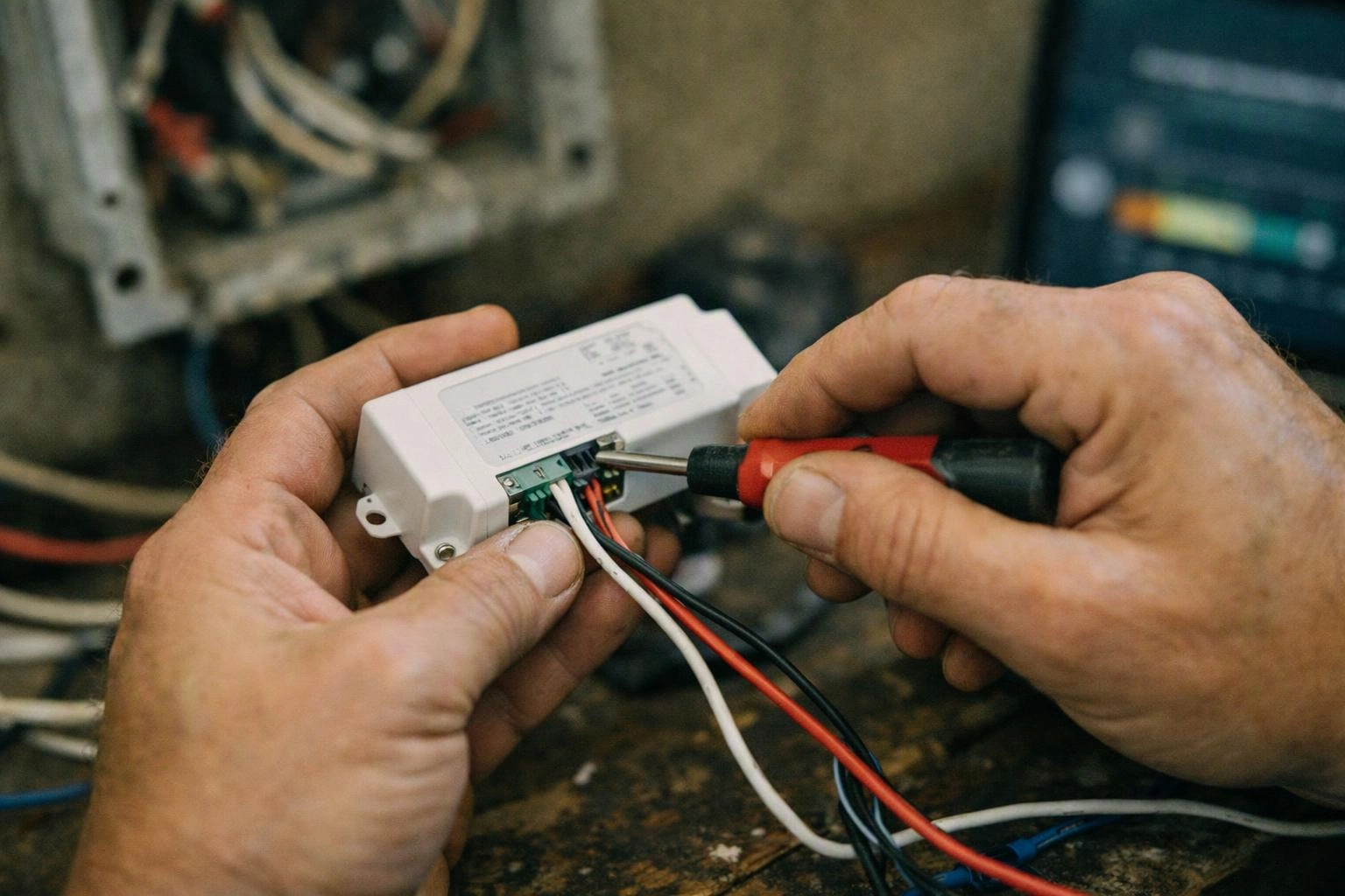 Hands use a screwdriver to wire a small white electrical device on a workbench