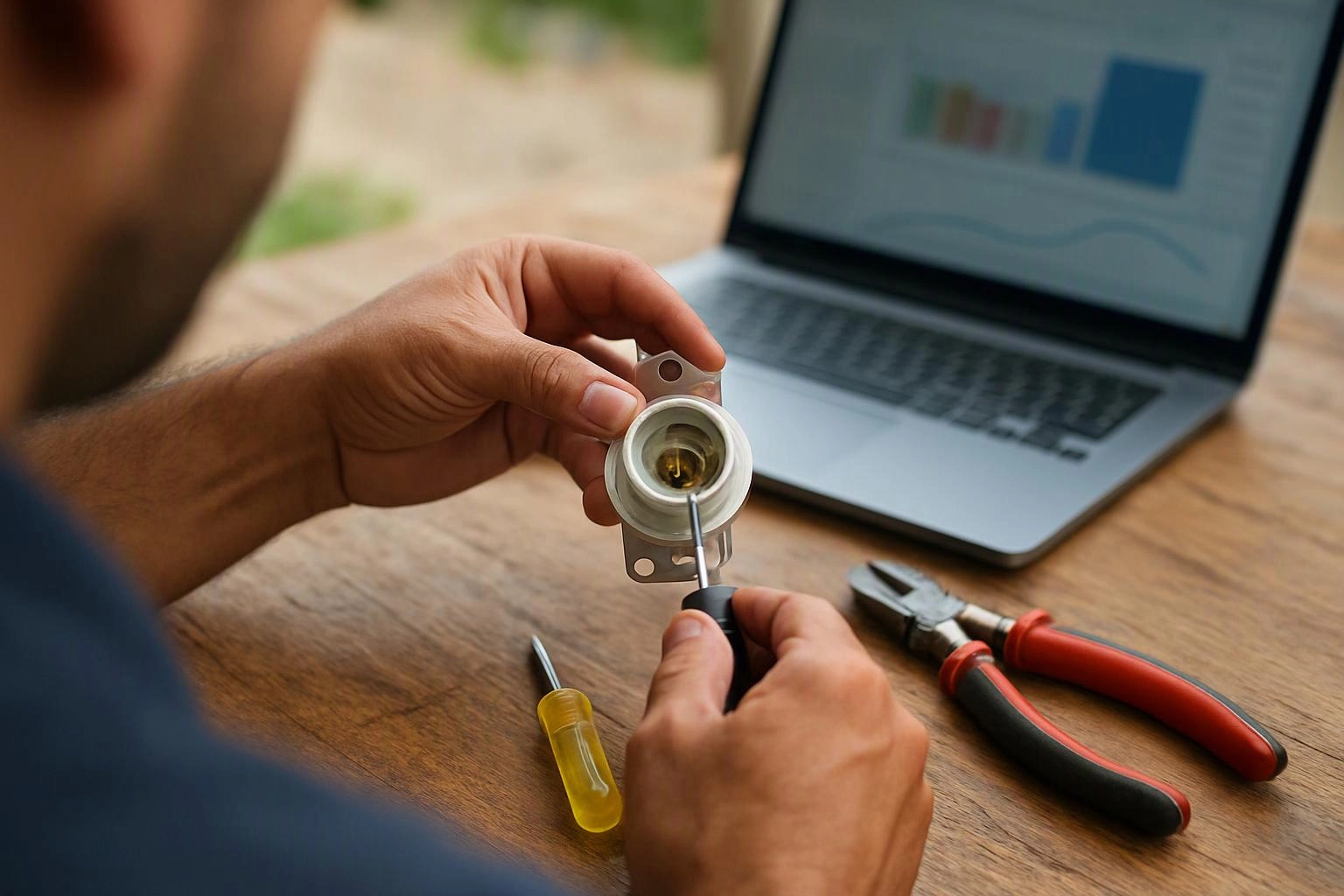 A person holds a small metal socket and uses a screwdriver beside a laptop and hand tools on a wooden table