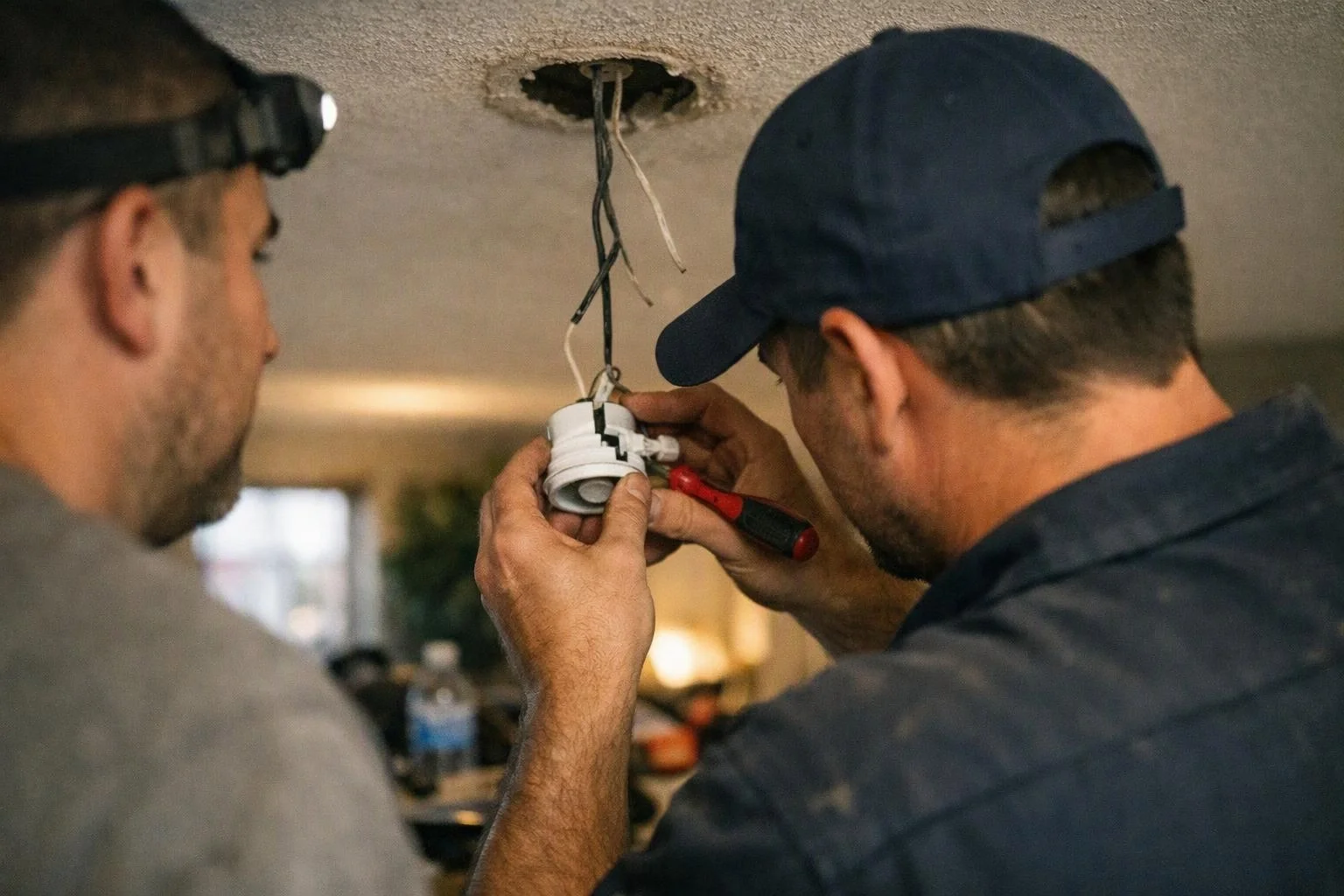 Two men install a recessed ceiling light while one uses a screwdriver under an open ceiling hole