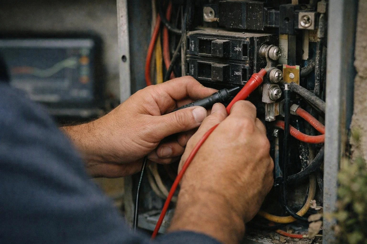 Hands test wiring inside an open electrical panel with a multimeter probe and colored cables