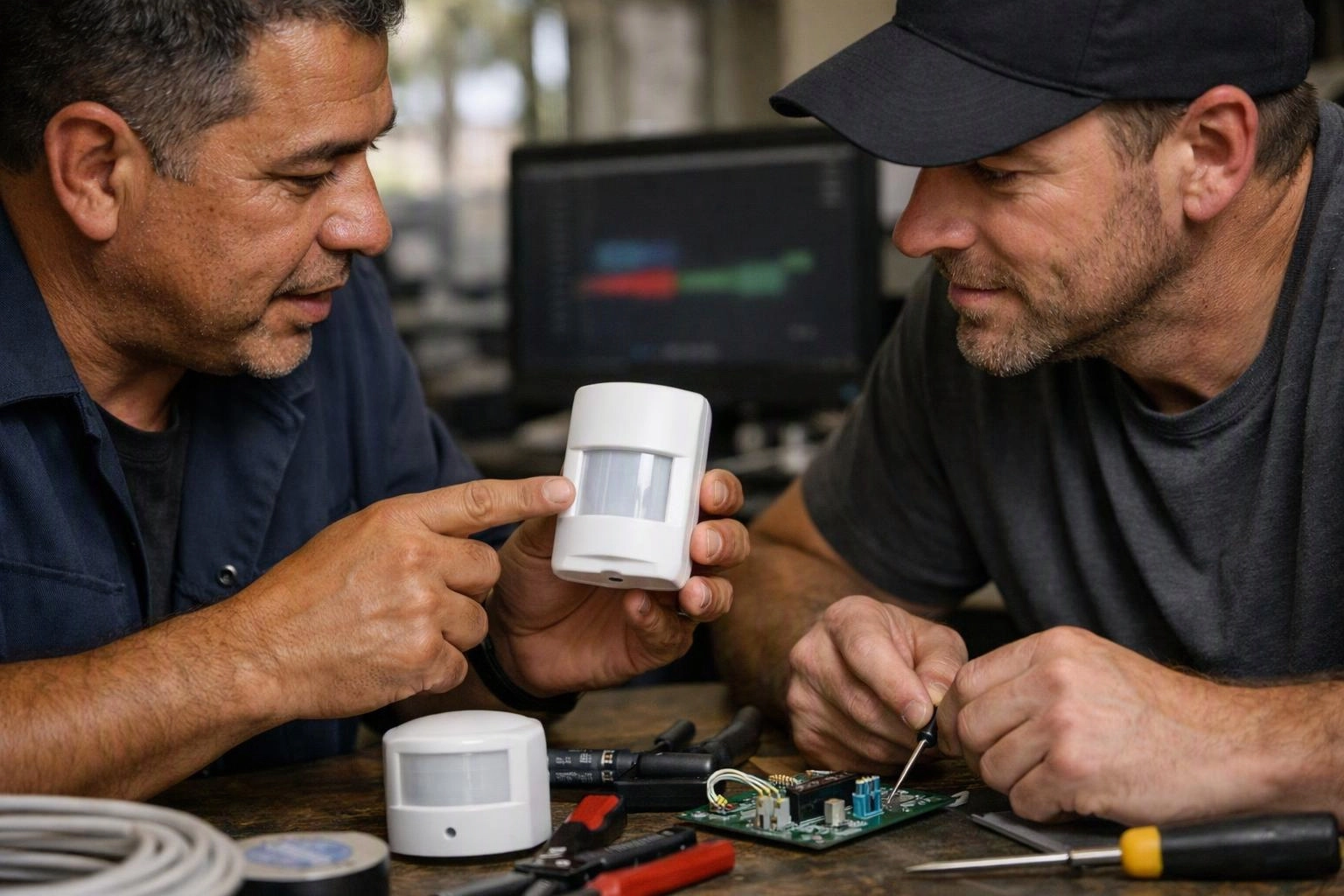 Two men inspect a white motion sensor and work with circuit boards at a cluttered desk indoors