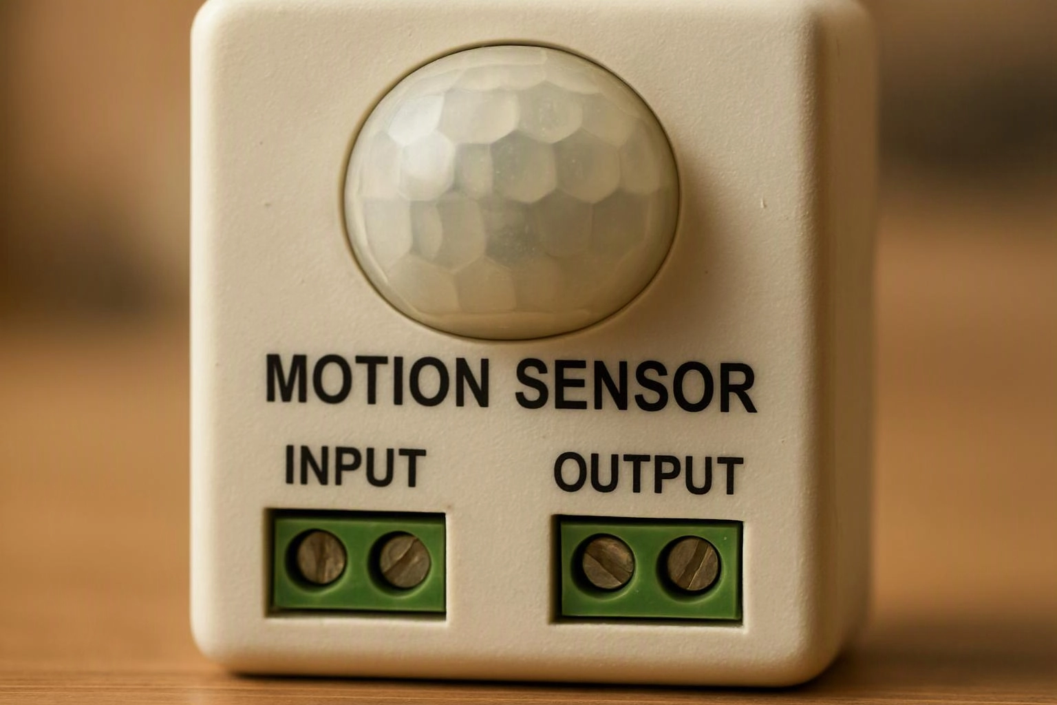 A close-up shows a white motion sensor with a domed lens and labeled input and output terminals on a table