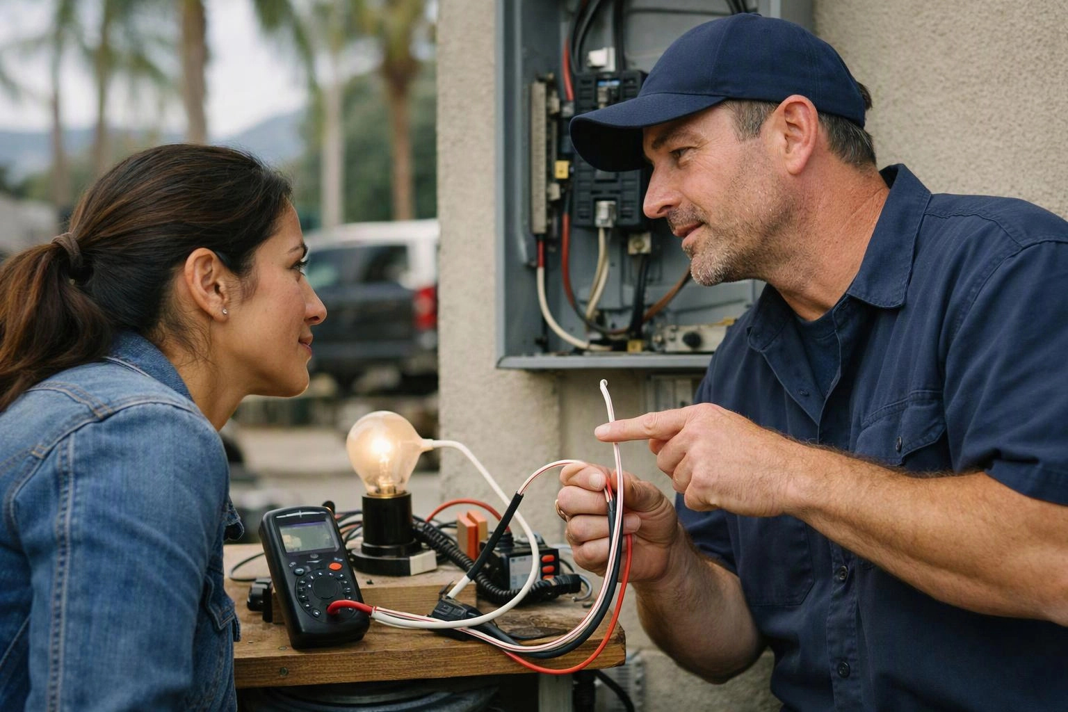 Two electricians inspect wiring together beside an open electrical panel and a glowing test bulb outdoors