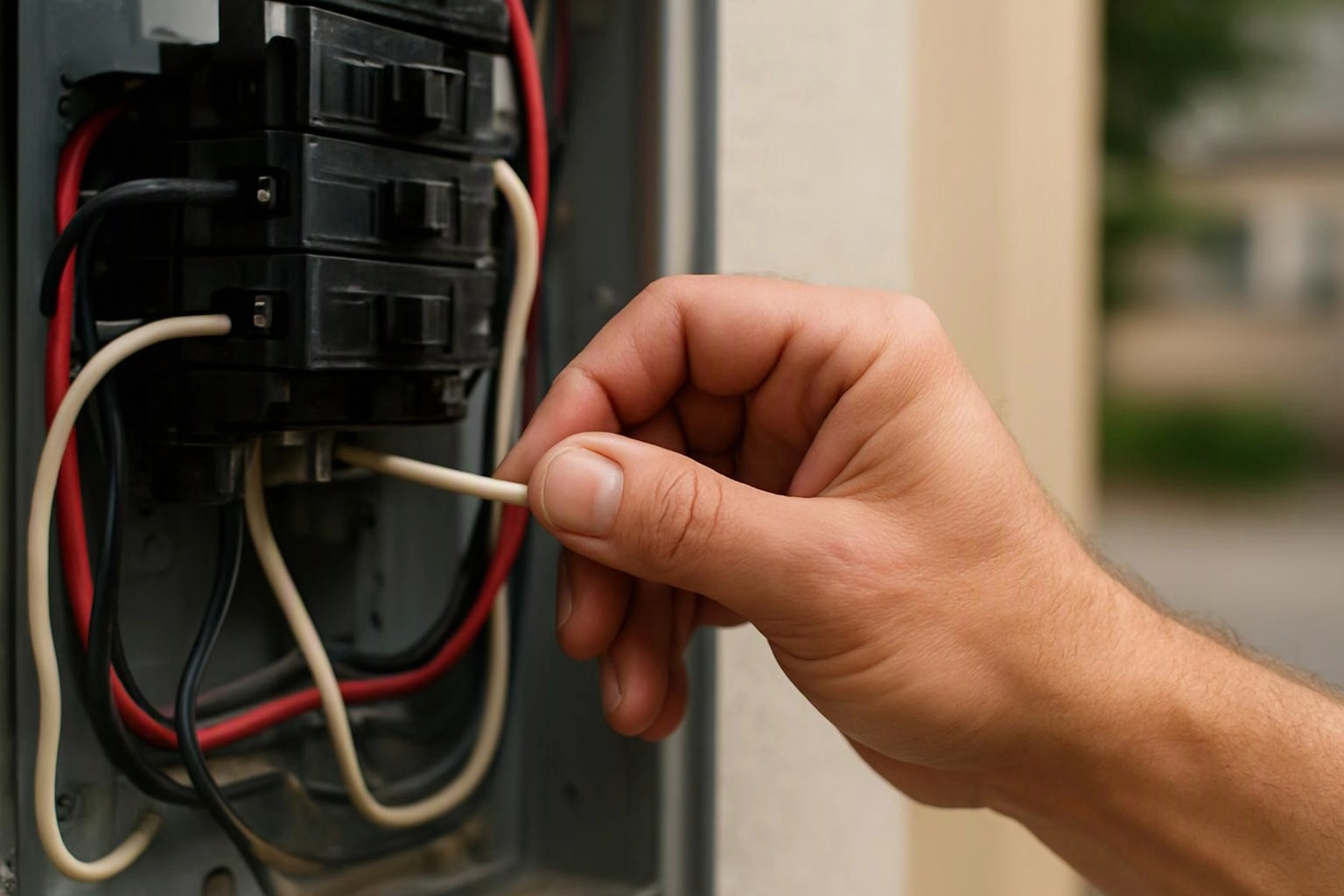 A hand adjusts a white wire inside an open electrical breaker panel with black switches and red, black, and white cables