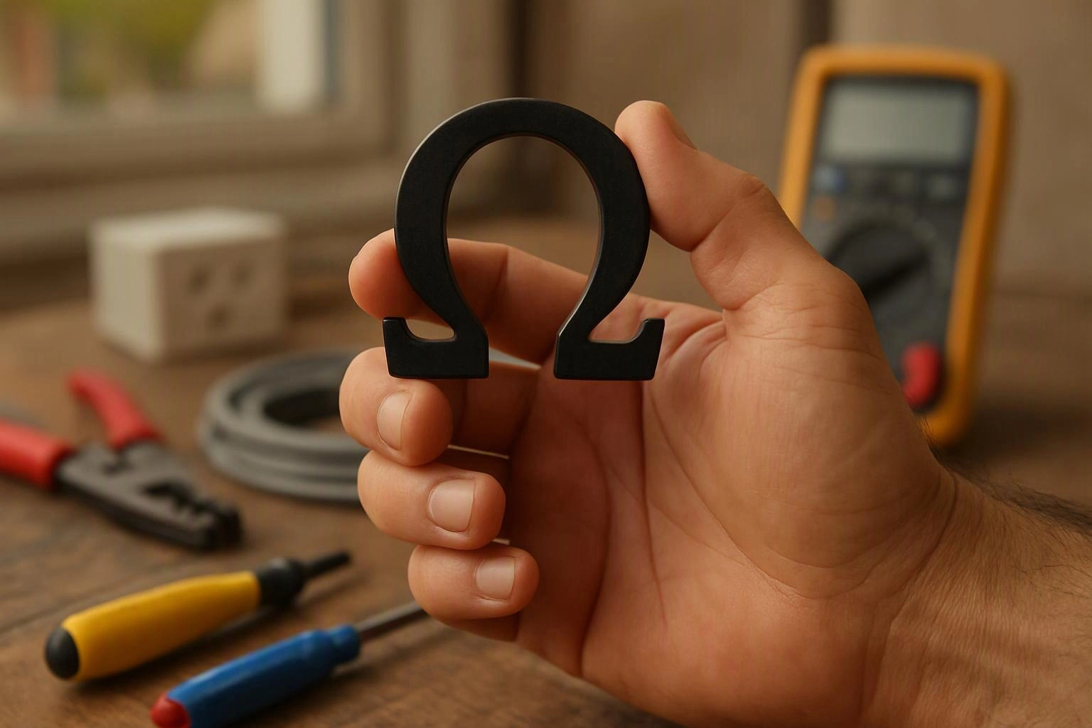 A hand holds a black omega-shaped symbol above a workbench with tools and a multimeter
