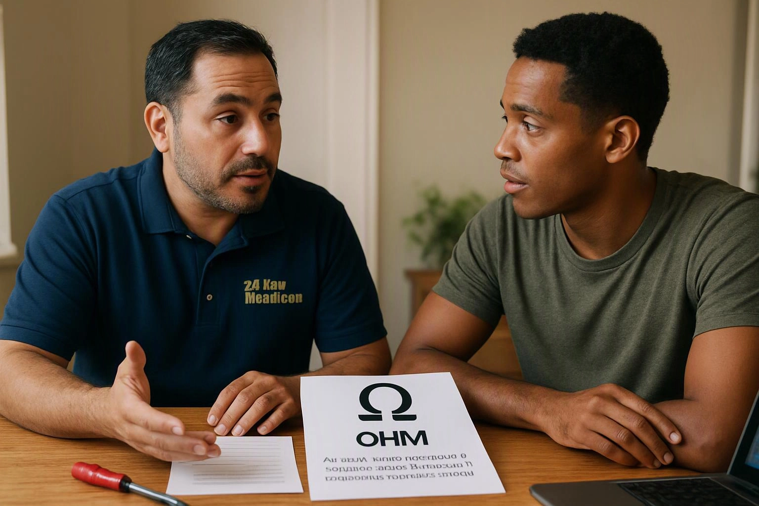 Two men sit at a table talking over papers, with a printed omega symbol sign and a laptop in front of them
