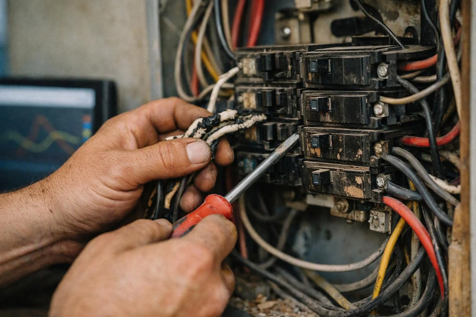 Close-up of hands using a screwdriver to work inside a crowded electrical breaker panel