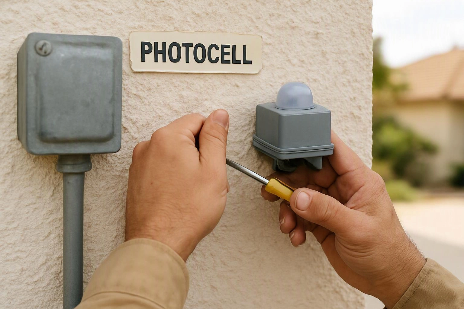 Hands adjust a gray photocell sensor on a stucco wall beside a labeled electrical box