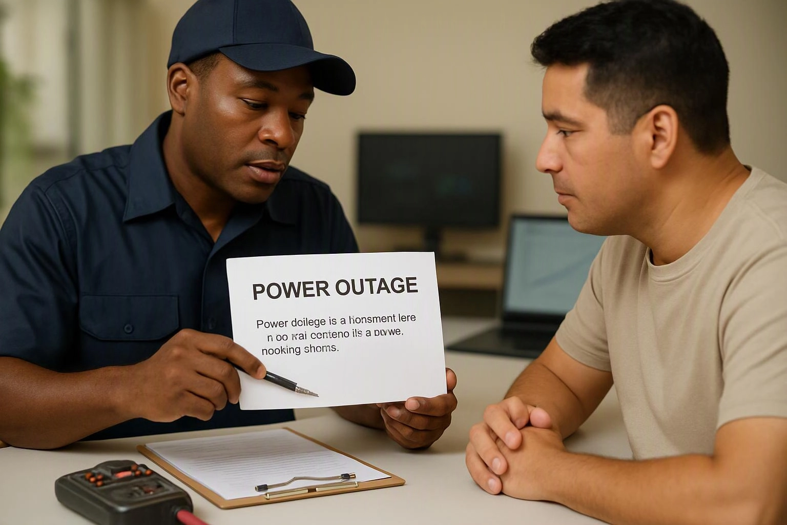 Two men sit at a table while one points to a paper titled “POWER OUTAGE” in an office setting