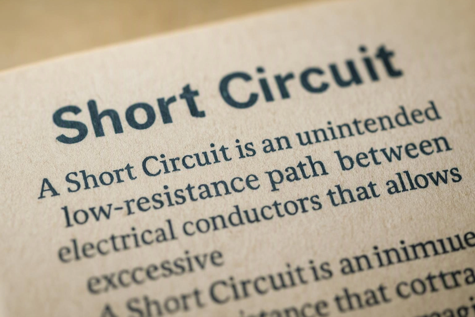 A close-up of a printed page shows the heading “Short Circuit” and blurred textbook text underneath