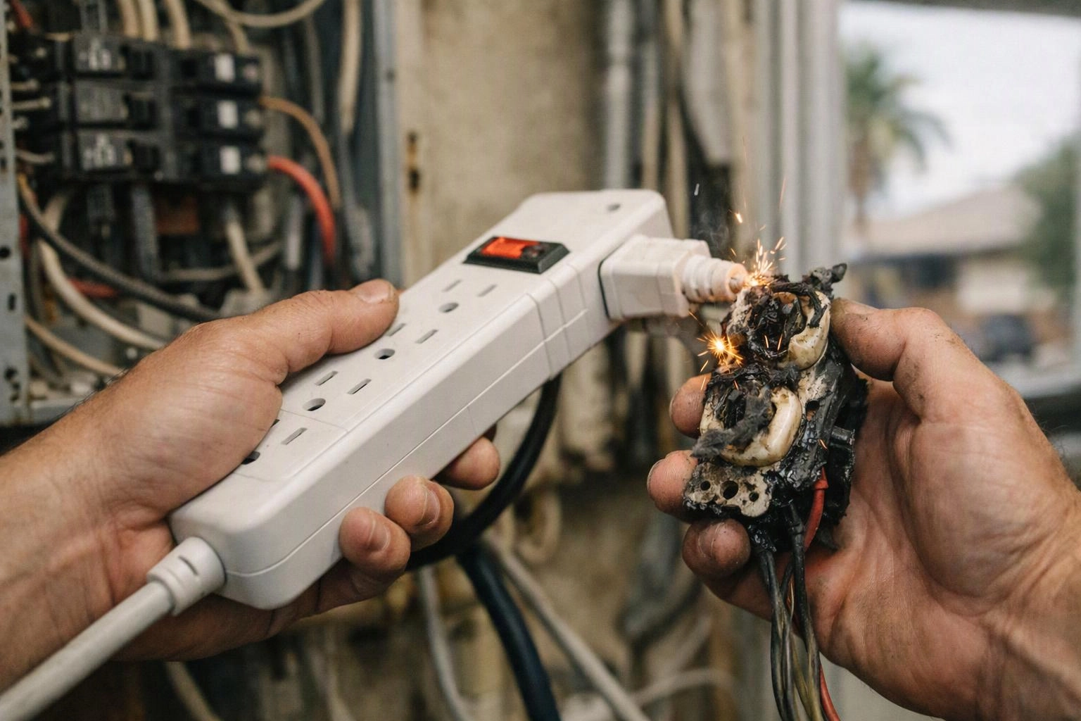Hands hold a power strip and a burned electrical plug, with sparks flying in a wiring cabinet