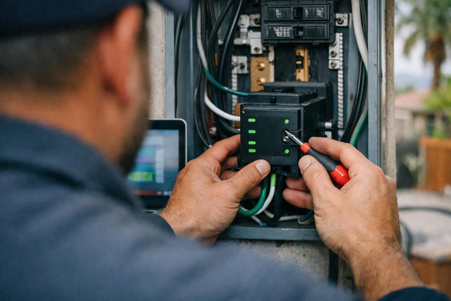 A technician adjusts a black electrical control unit inside an open panel with a red screwdriver