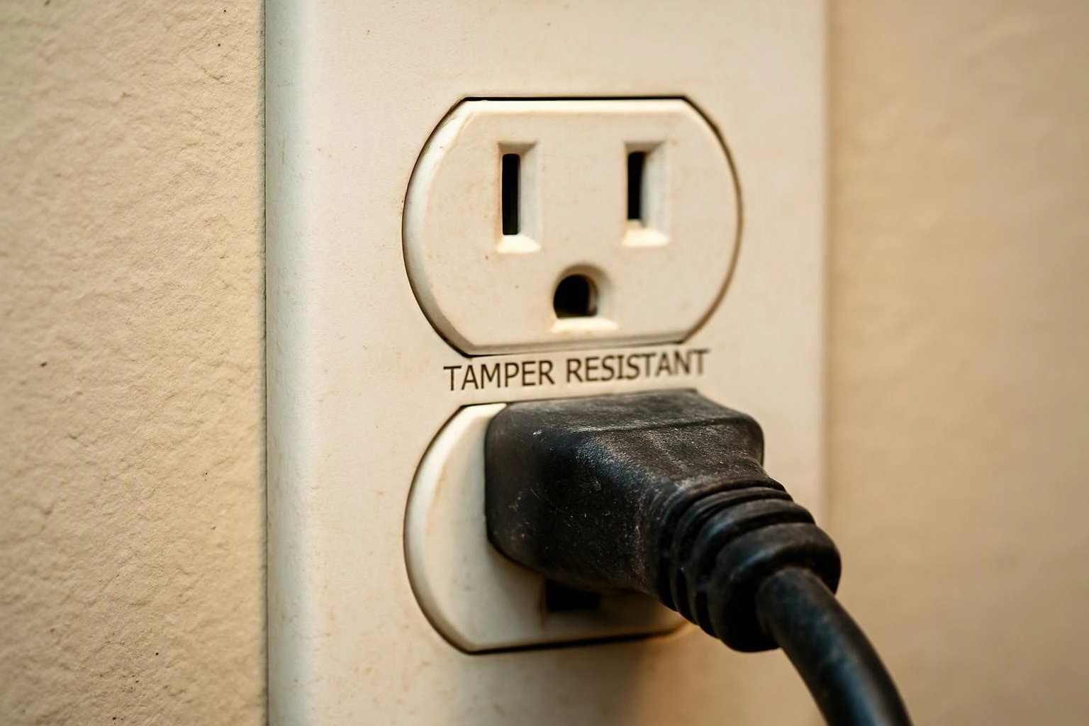 A black power cord is plugged into a beige tamper-resistant wall outlet on a painted wall